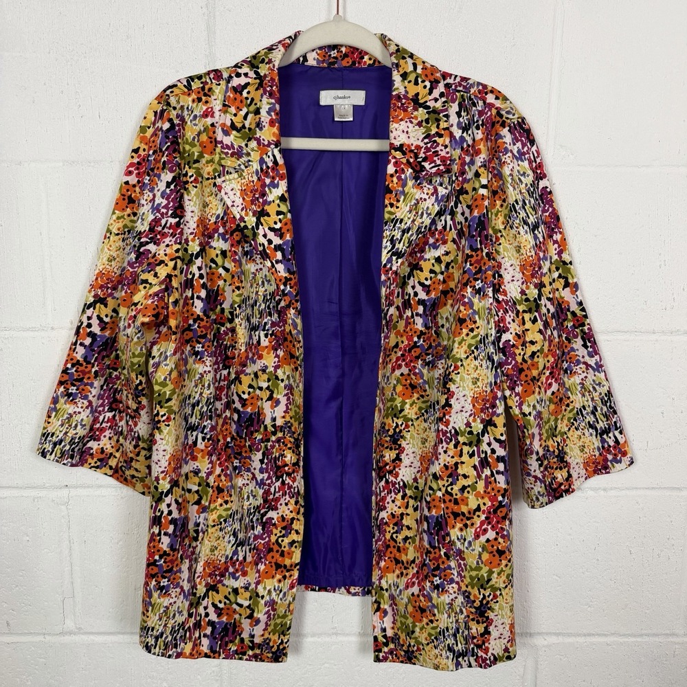 CJ Banks Open Jacket Lined Floral 3/4 Sleeves Office Vibrant Artsy Colorful 1X‎